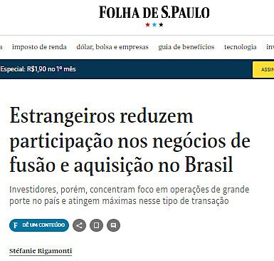 Estrangeiros reduzem participao nos negcios de fuso e aquisio no Brasil